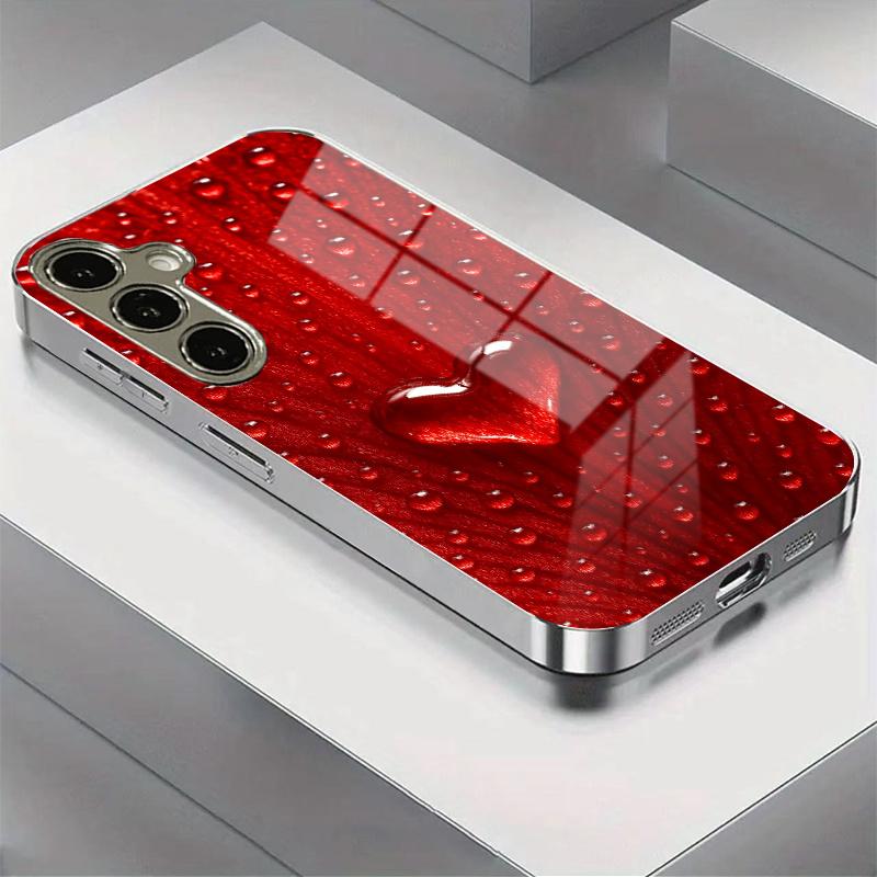 Red Heart Dewdrop Tempered Glass Phone Case Suitable for Samsung Galaxy S26 S25 S24 S23 S22 S20 FE/Ultra/Plus Anti Drop