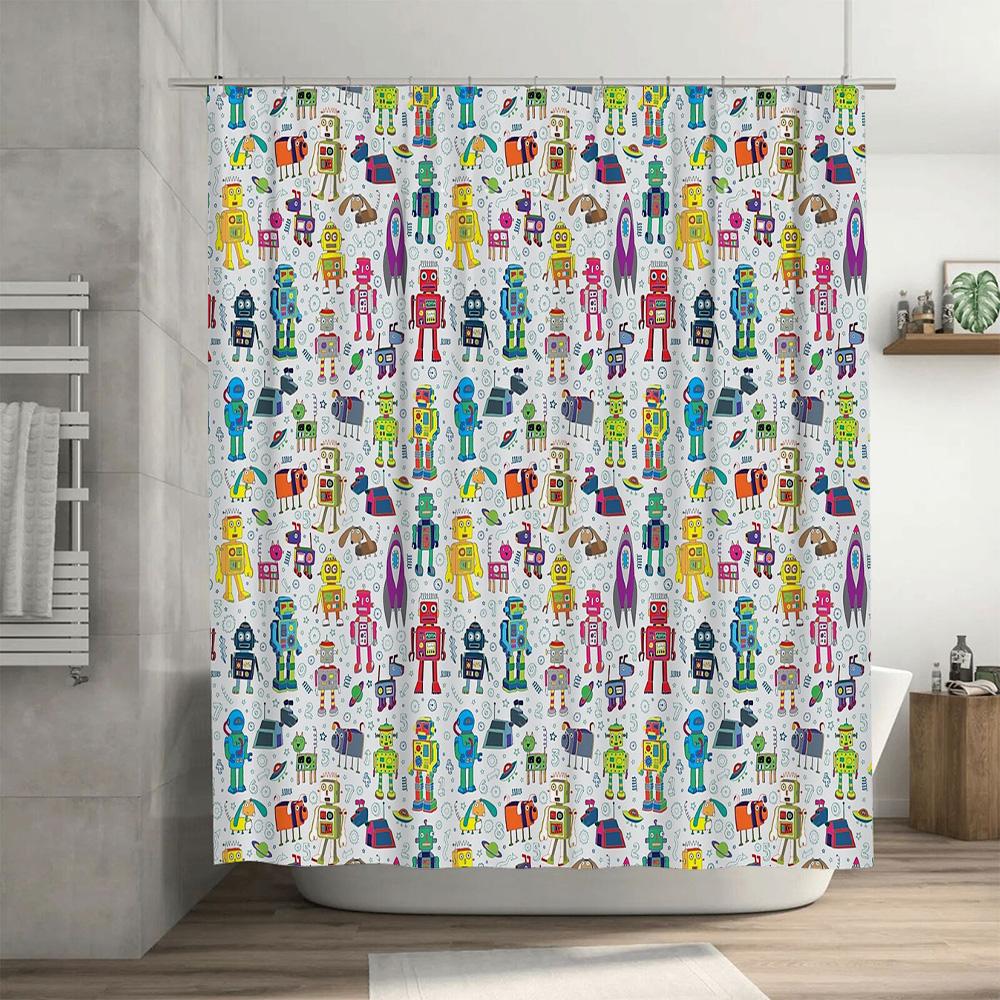 Cute Robot Shower Curtain Funny Space Kids Bathroom Decor Set Waterproof Fabric Modern Pattern Washable Home Textile