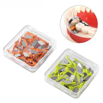 50 Piezas/Caja Dental Dientes Primarios Interproximal Cuña de Plástico Protector Con Protección Metálica Acero Matriz Equipo Herramientas de Dentista