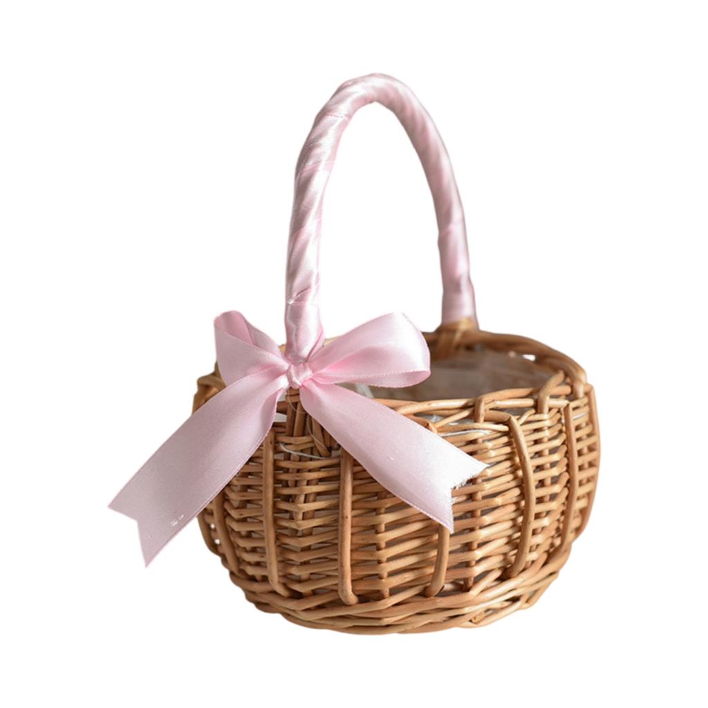 Woven Desktop Storage Basket Handheld Wicker Basket with Ribbon Bow Handle for Organizing Small Items and Decorative Use