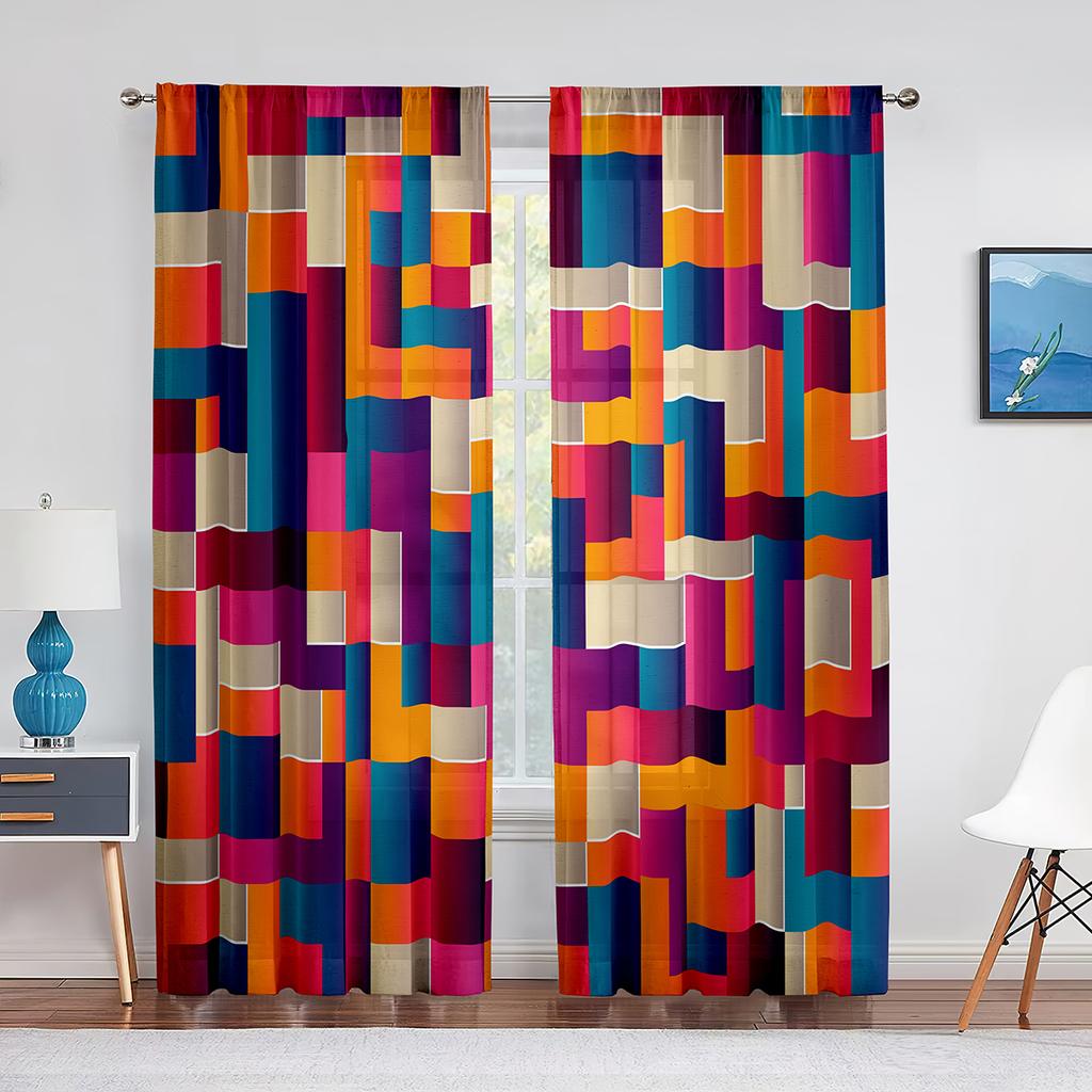 Colorful Gradient Rainbow Sheer Voile Curtain Triangle Geometric Window Tulle Curtains for Living Room Bedroom Kitchen Drapes