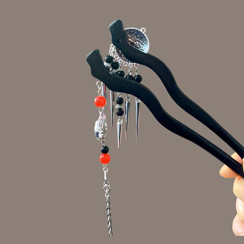 Vintage Chinese Style Wooden Tassel Hair Sticks For Women Girls Elegant Moon Hair Clip Hanfu Headwear Jewelry Hair Accessories