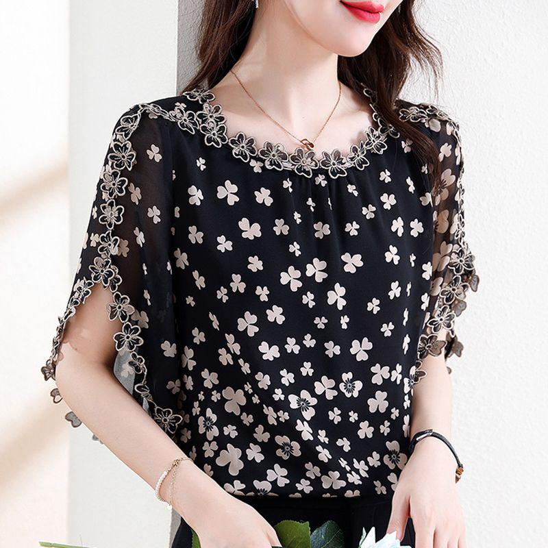 Women Spring Summer Elegant Loose O-neck Temperament Printing Hollow Out Short Sleeve Chiffon Shirt Casual Trend Tops