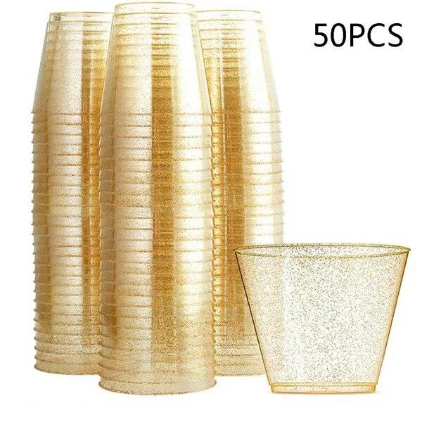

Чашки для воды с золотыми блестками, 50 шт., 9 унций, свадебная вечеринка, годовщина, полные золотых блесток, для вина, шампанского, сока, пива