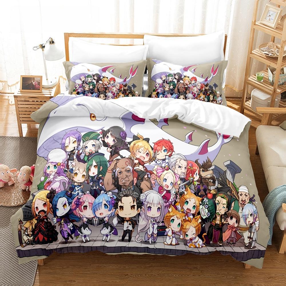 New Re Zero Rem Ram Bedding Set 3d Print Kawaii Cartoon Anime Three-piece Set Adult Kid Bedroom Duvet Cover Sets Home Textiles