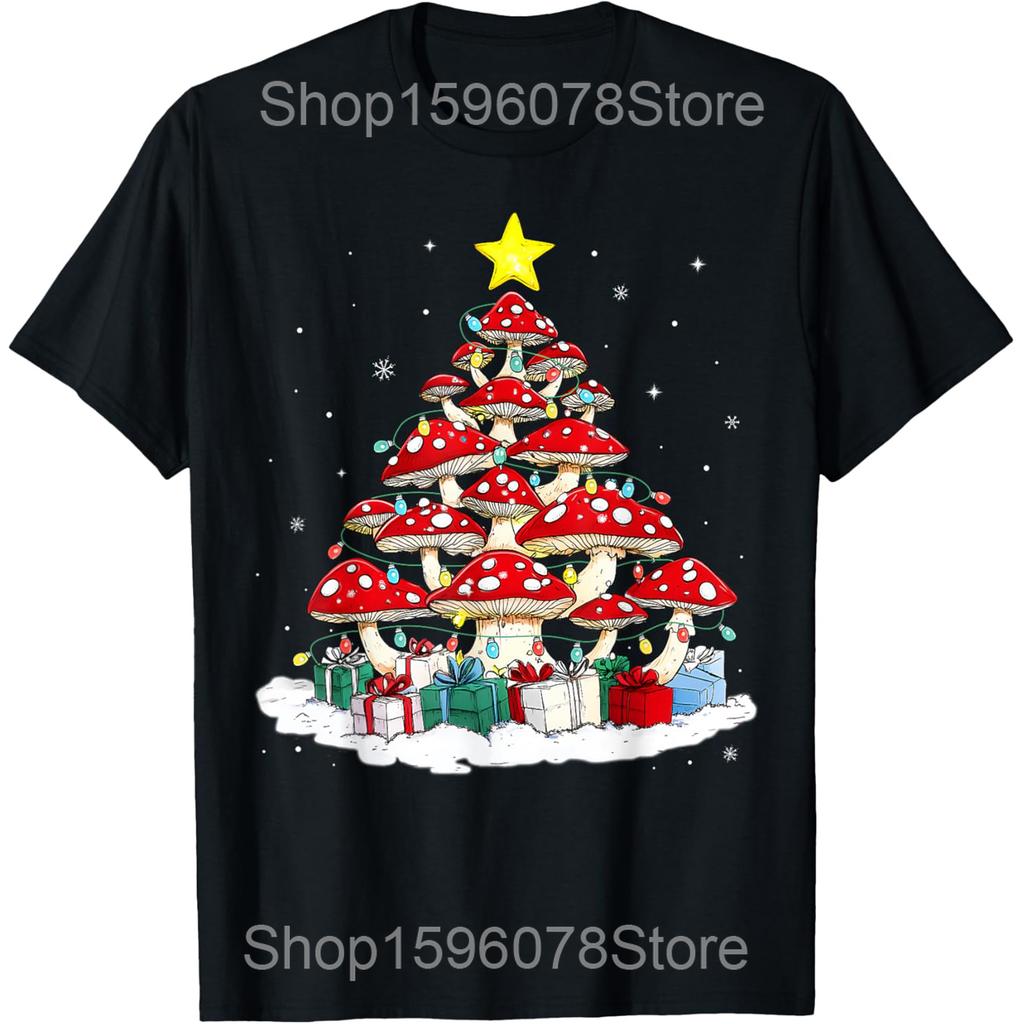 Mushroom Christmas Tree Merry Christmush Ugly Christmas T Shirts Cotton Humor Streetwear Tee Short Sleeve Unisex Loose Clothing