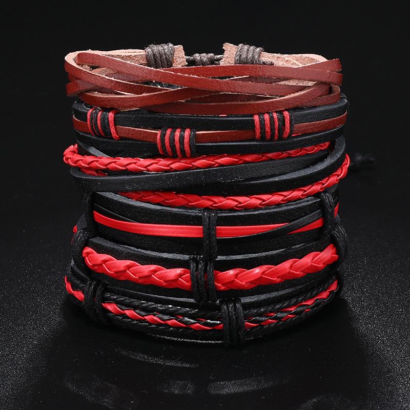 Set Of 6 Black Handmade Woven Pu Leather Bracelet For Men Multi Pack Fashion Vintage Braided Bangle As Birthday Gift