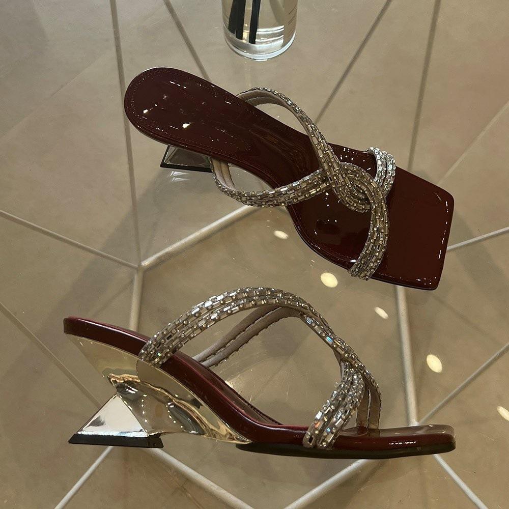 With stiletto sandals square head high heels temperament black medium shoes women's summer French one-word drag simple new outer wear