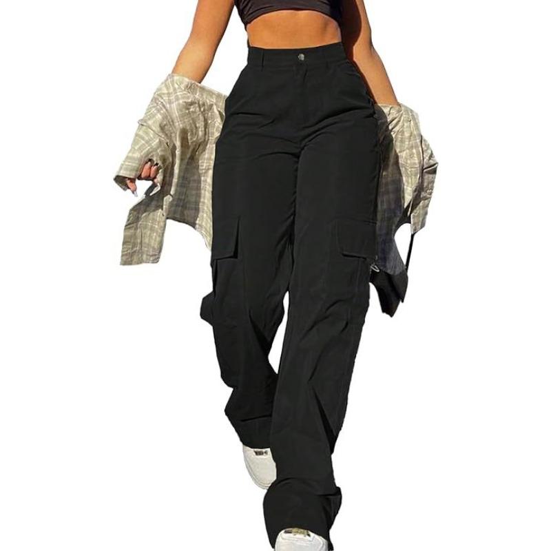 New high-waisted straight-leg trousers casual and versatile solid color multi-pocket semi-elastic waist women's overalls