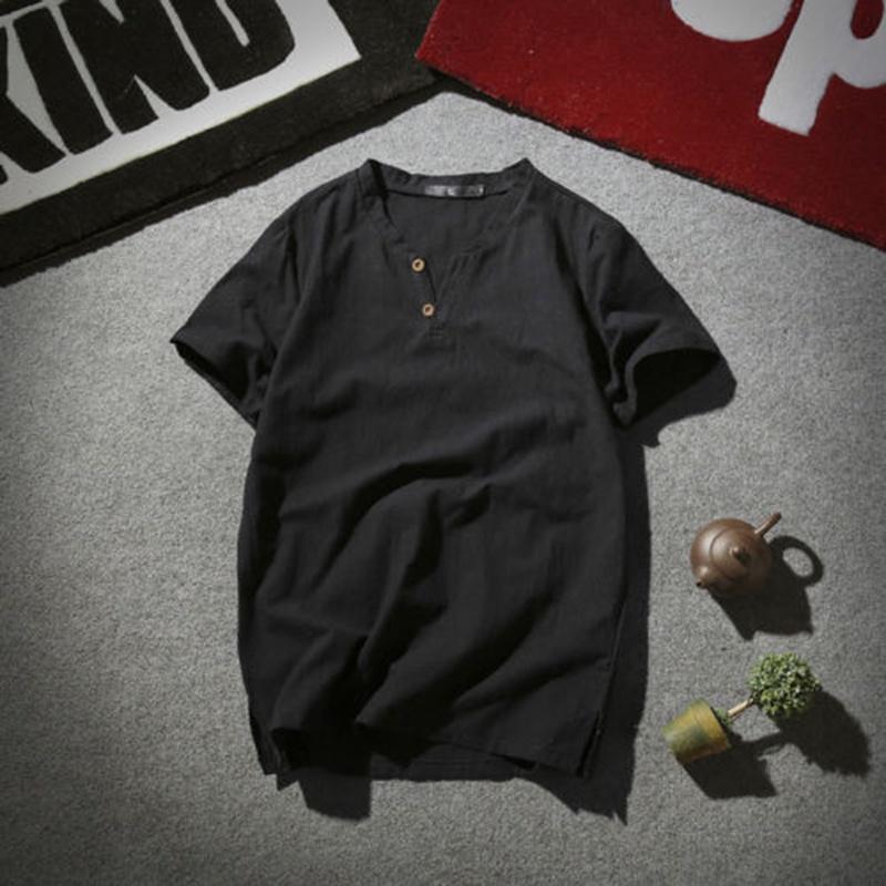 Premium Quality Men Brief T-shirt Summer V-neck Cotton Linen Blouse Top Tee Shirt Plus Size