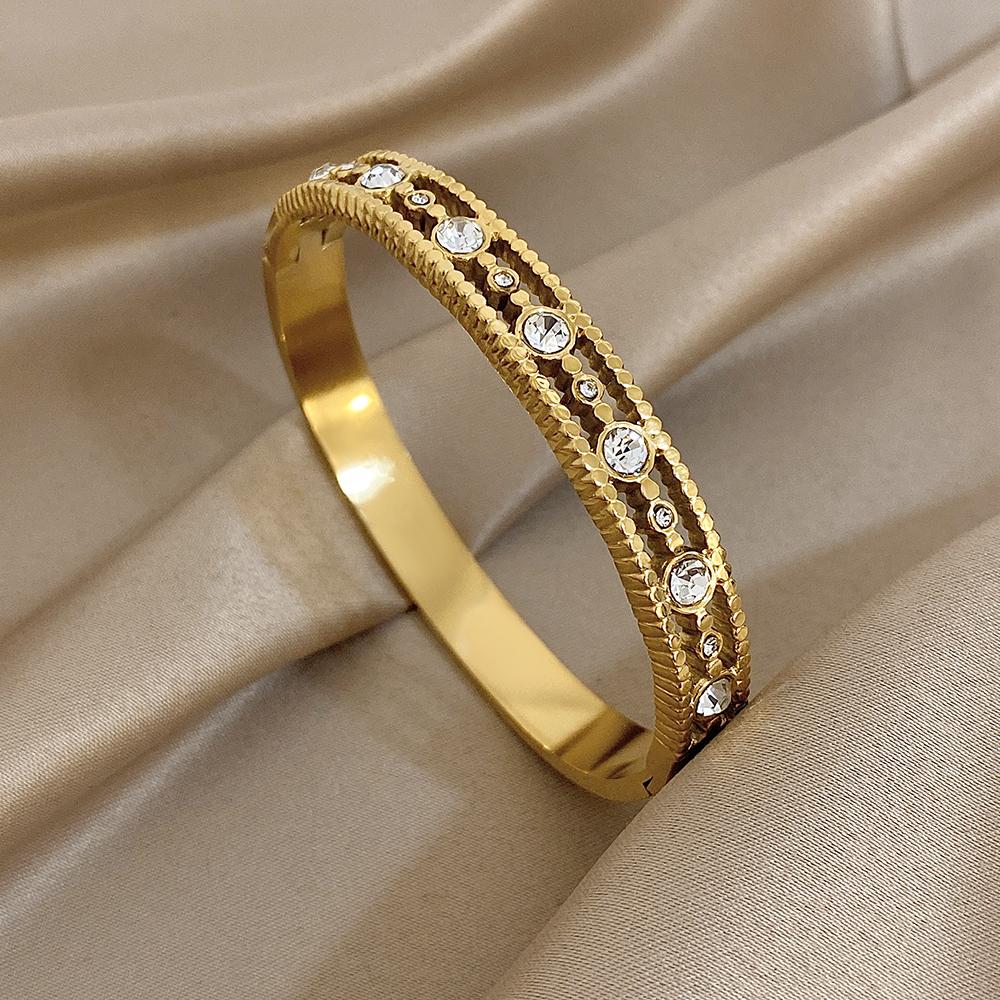 Exquisite Inlaid Zircon Cuff Bracelet Bangle New Gold Plated Women's Men Geometric Stackable Waterproof Charms Jewelry Gifts