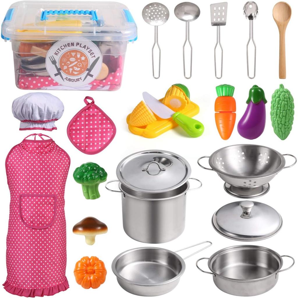 Kitchen Pretend Play Toys with Stainless Steel Cookware Pots and Pans Set, Cooking Utensils, Apron & Chef Hat, Cutting Vegetable