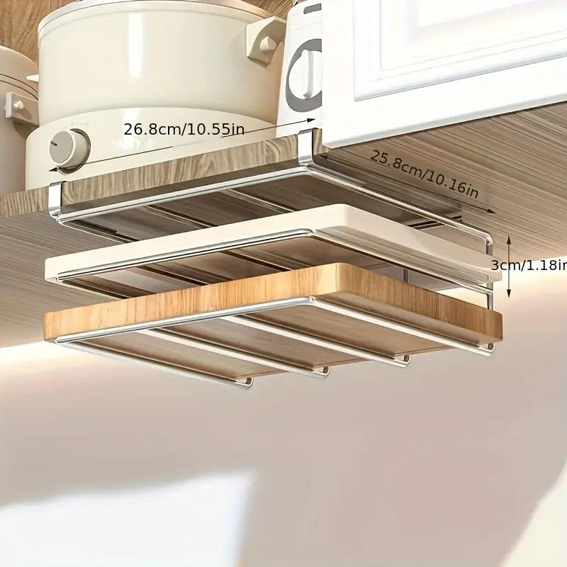 Kitchen Under Cupboard Hanging Organizer Rack with Hook Paper Towel Rags Hanger Cutting Board Pot Cover Holder Storage Shelf