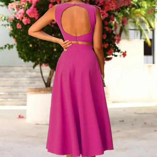 2Pcs/Set Lady Suit Solid Color Backless Quick Drying Cropped Top Midi Skirt for Daily Life