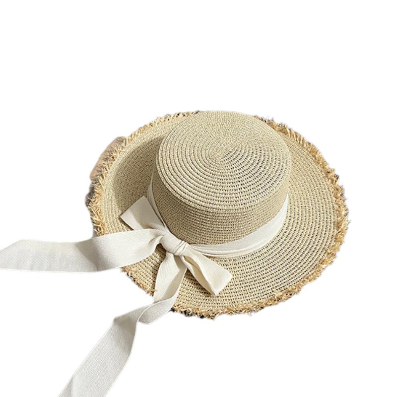 

Style Versatile Hat Straw Woven 2color Sweet Bow Wide Brimmed Hatscaps Flat Beige White