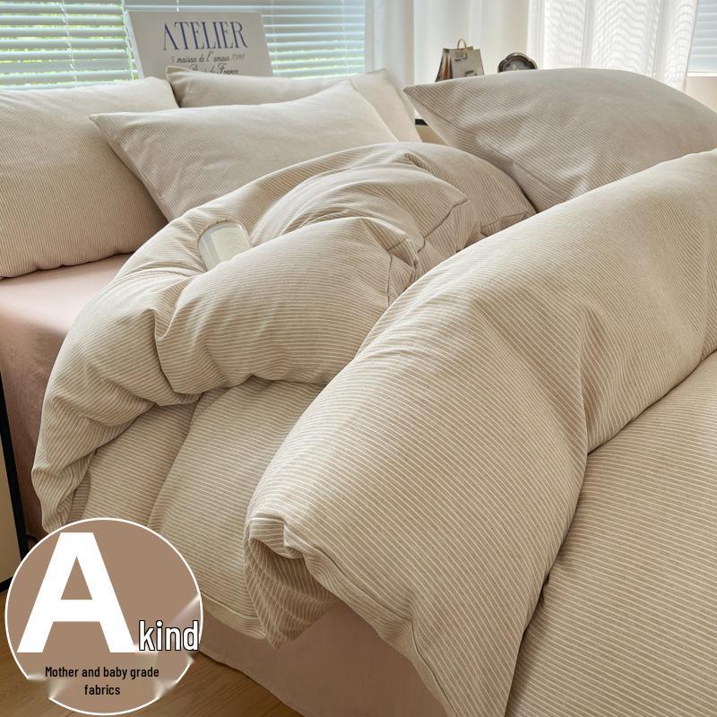 Japanese Minimalist Pure Cotton Bedding Set - Washed Cotton Duvet Cover, Bed Sheet, Dorm-Friendly (3 or 4-piece).