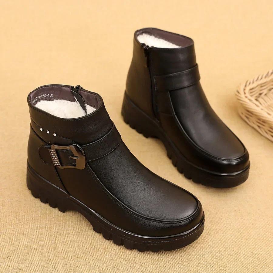 Winter New Women's Leather Ankle Boots, Women's Thick Plush Warm Snow Boots, Waterproof and Non Slip Boots Botas De Mujer