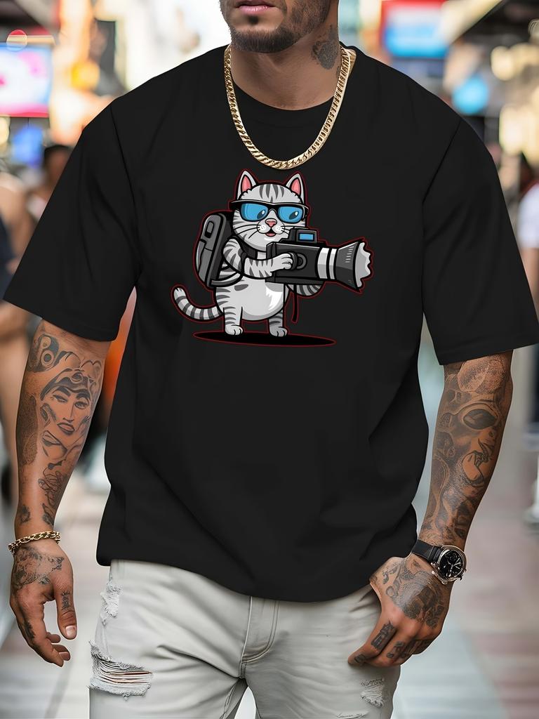 White Unisexs Tee Photographer Cat Cartoon Print Crew Neck Cotton Short Sleeve Fashion Male Street Summer Soft Daily Casual Wear