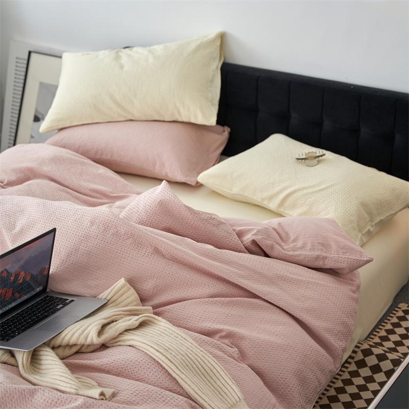 Class A, Maternal And Infant Grade Cotton Double-Layer Yarn 4Pcs Set, Pure Cotton Dormitory 3Pcs Set, Solid Color Bed Sheet Waffle Single Quilt Cover