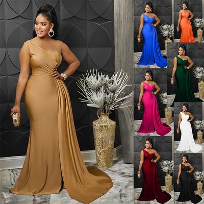 Novo Vestido Longo Sexy Justo de Cor Sólida com Manga de Um Ombro para Festa - Roupa Íntima Feminina Estilo Aristocrático Vestido de Noite