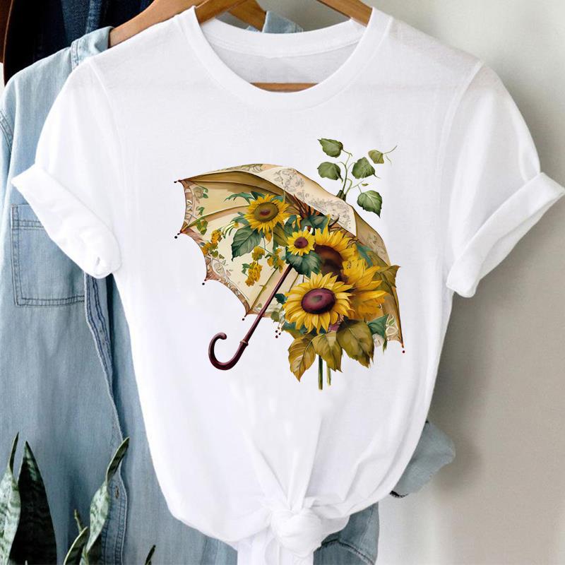 (Asian Size) Love Heart Flower Clothing Lady O-neck Short Sleeve T-shirts Printed Female Top Casual T Shirt Fashion Women Graphic Tee