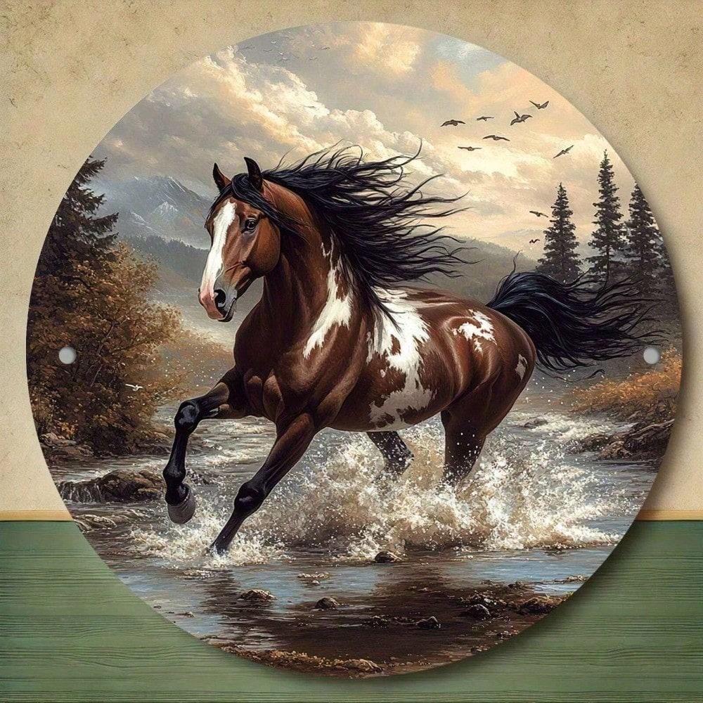 Звездная Долина Рустикальное Металлическое Настенное Искусство Скачущая Лошадь Круглая Винтажная Жестяная Табличка Западный Декор Домашний Бар 8x8 Дюймов разноцветный