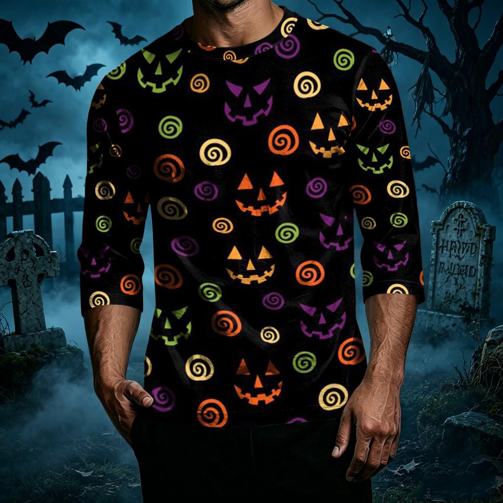 Men Casual Halloween Print Raglan Sleeve T Shirt Crew Neck Three Quarter Sleeve Top Comfortable Fit Lightweight Fabric