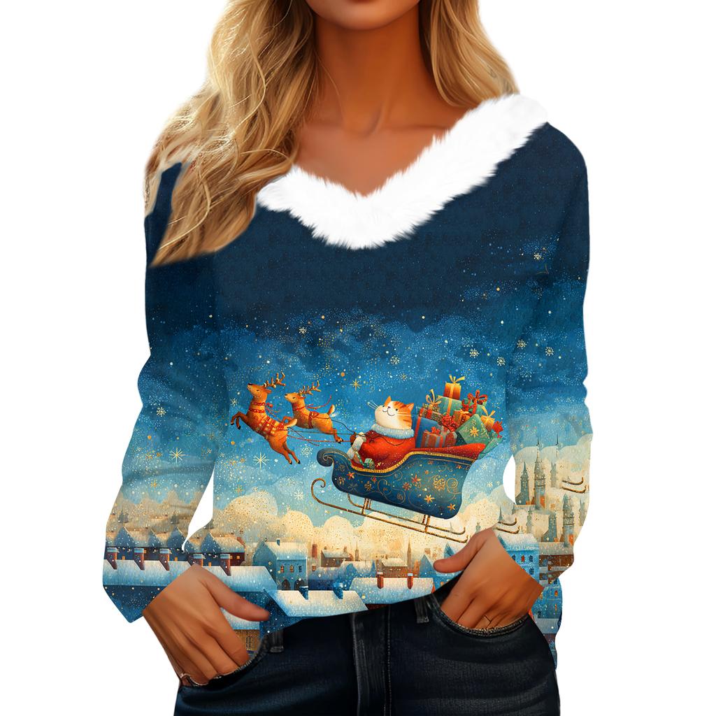 Women's Christmas Printed Long Sleeved Party Plush Neck V-neck Top