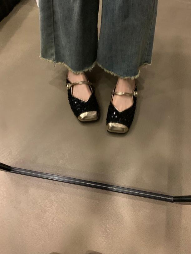 Women's Bag Head Half Slippers, Women's Summer Wear Black Sequins, Fairy Evening Shoes, Flat-soled Small Fragrant French Sandals