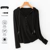 Women's V-Neck Button-Down Hooded Sweatshirt Base Layer - Slim Fit Long Sleeve for Spring & Autumn