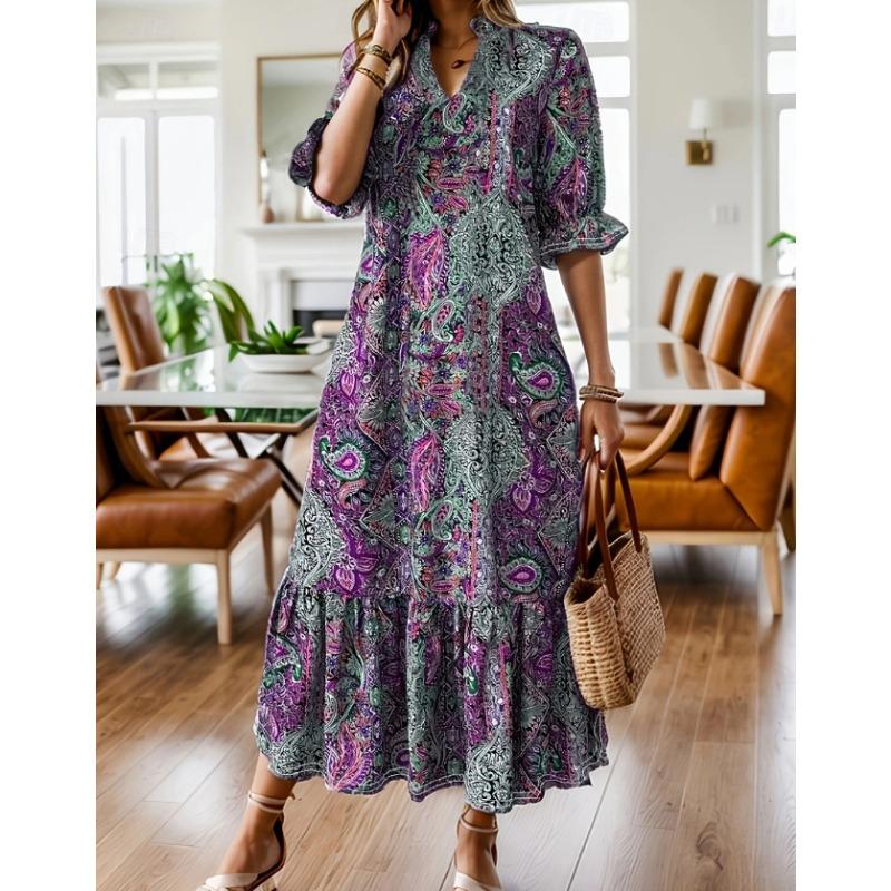 Abito Lungo A-line Lento Stampato a Manica Corta Moda Estiva Elegante Vintage A-line Lento Bohe Abiti Femminili 2026 Abbigliamento Semplice Casual