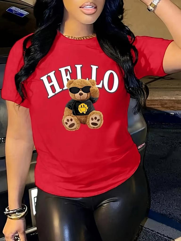 T-shirt z nadrukiem misia, krótki rękaw, okrągły dekolt, casualowy top na lato i wiosnę, odzież damska yk top koszulki dla kobiet