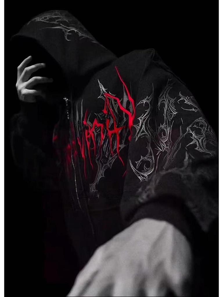 Breathedivinity Skull Print Zipper Hoodie - American Trendy Dark Style for Autumn/Winter