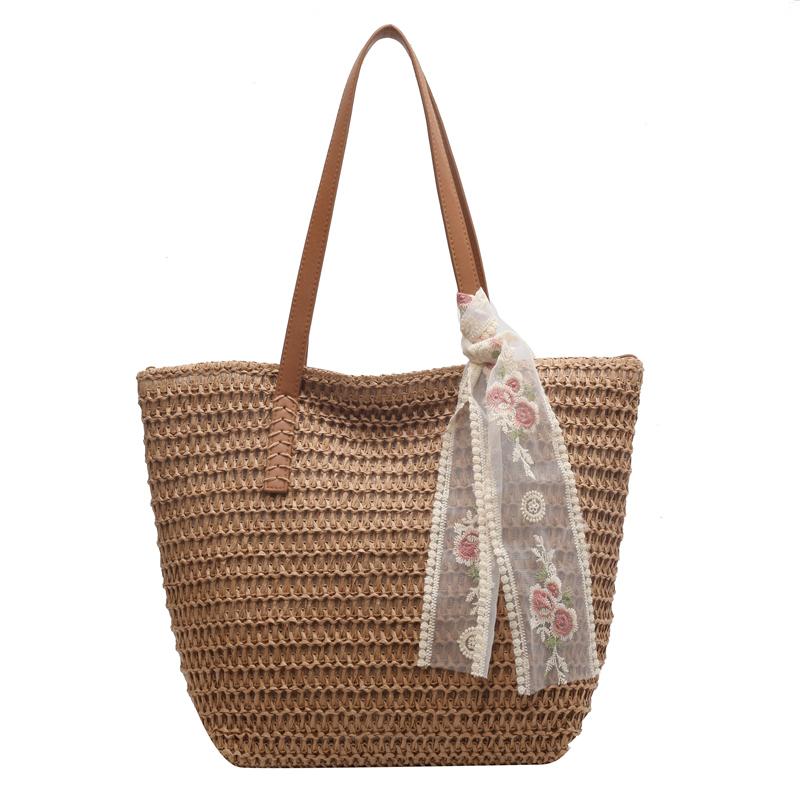 Summer Large Capacity Handbag Ladies Shoulder Bag Fashion Handmade Straw Bag Hundred Ladies Tote Bag Silk Scarf Decoration