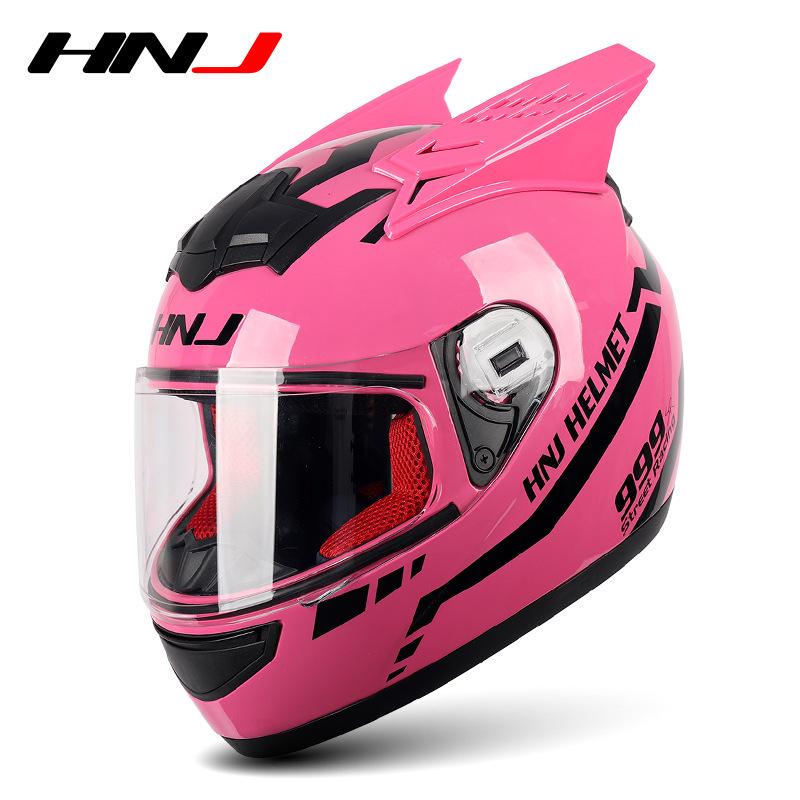 HNJ Unisex Full-Face Summer Motorcycle Helmet with Gray Riding Horns - Stylish and Safe for Racing