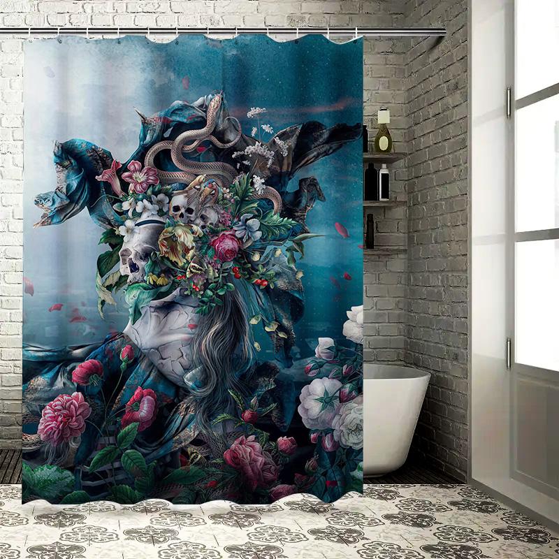 Dunkel Fantasy Duschvorhang Gotische Blumen Totenköpfe Schlangenprint für Badezimmerdekorationen in Blau Rot Weiß Farbkombination Größe 180x240cm