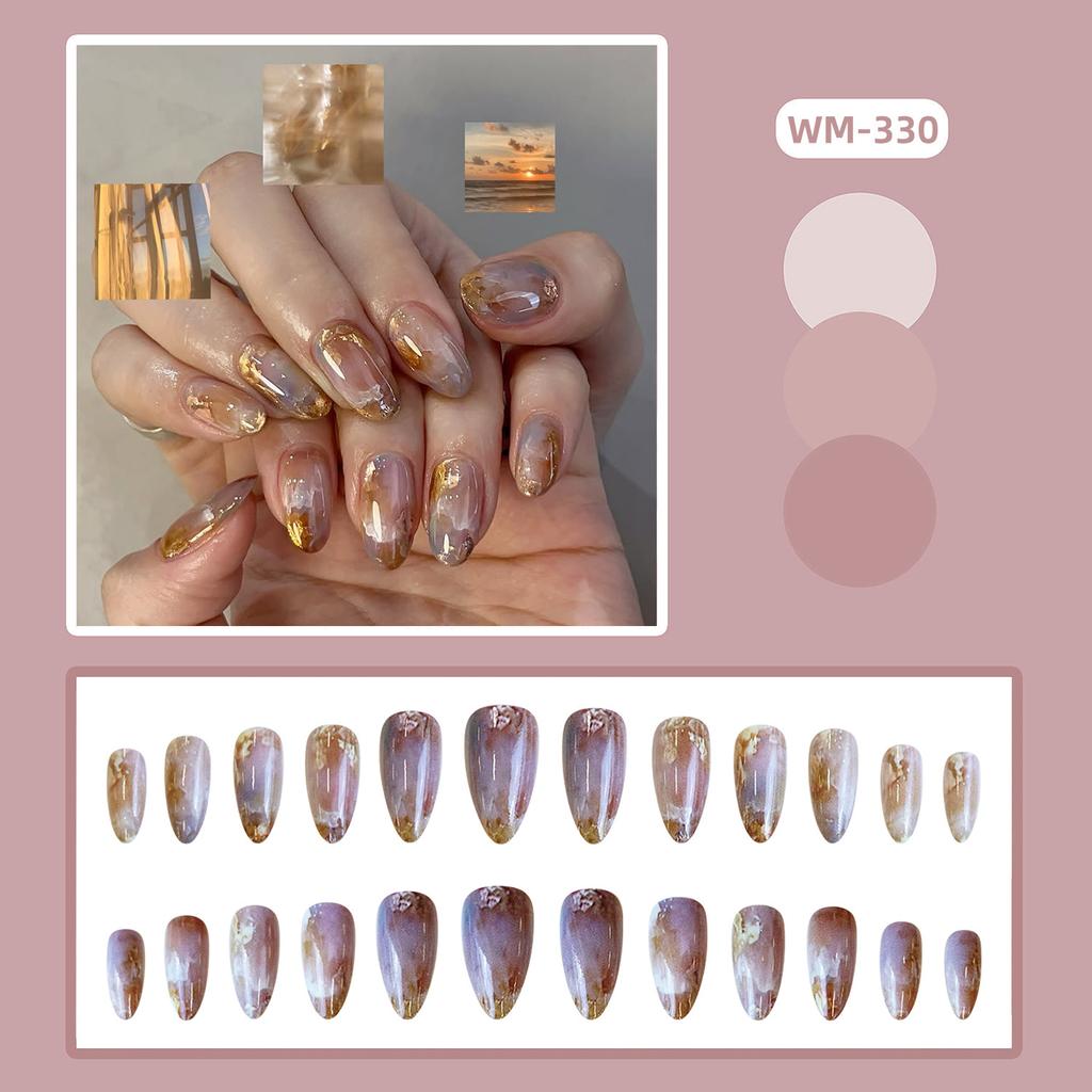 24PCS Retro Oil Paintings Patterns Almond False Nails with Glue Cute Sweet Garden Girl Stick On Nails Detachable Fake Nails Tips