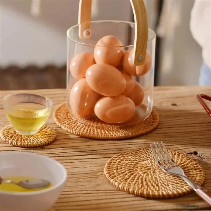 6 Stück Getränkeuntersetzer Set für Kungfu Tee Zubehör Rundes Geschirr Platzset Topfuntersetzer Rattanwebe Tassenmatte Untersetzer Durchmesser 10 cm