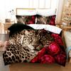 Leopard Duvet Cover Set King Size 3D Animal Print Bedding Set Wildlife Polyester Comforter Cover Set Red Rose For Kids Boys Girl