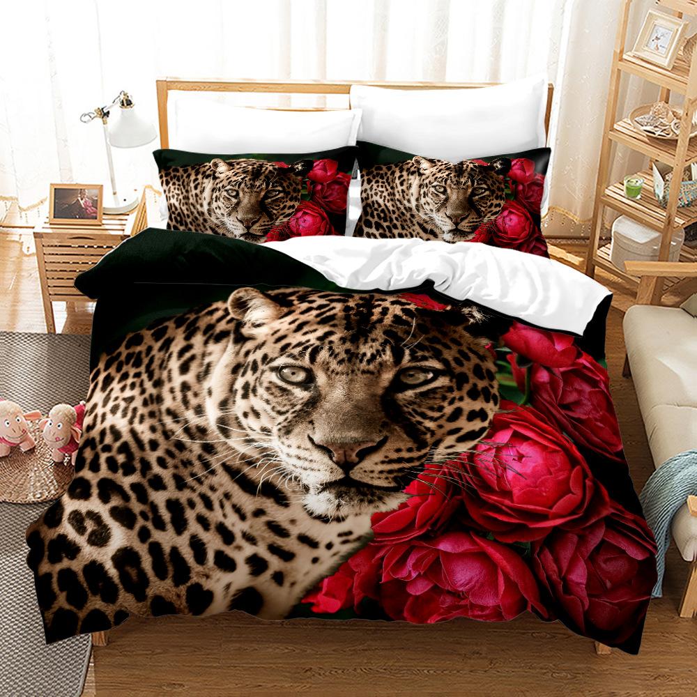 Leopard Duvet Cover Set King Size 3D Animal Print Bedding Set Wildlife Polyester Comforter Cover Set Red Rose For Kids Boys Girl