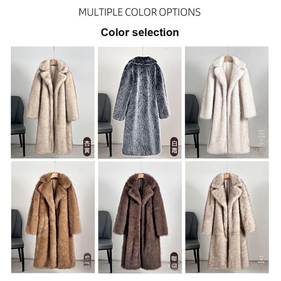 Winter Damen Extra Langer Kunstpelzmantel mit Westkragen, Heißverkauf Kunstpelzjacke