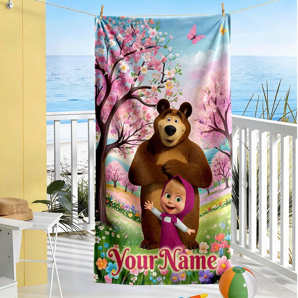 Masha Bear Customizable Name Beach Towel Soft Durable Quick-Dry Ideal for Travel Outdoor Swim Pool Yoga Surf Camping Hiking Gym Gift Holiday