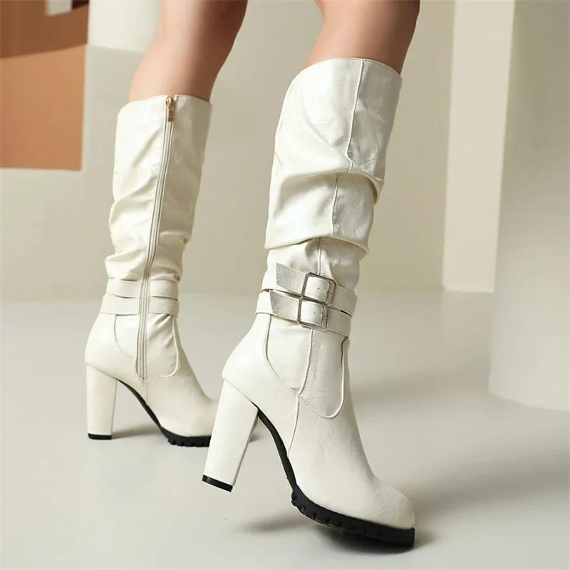 Fashion Winter Plush Slouch Buckle Belt Knee High Boots Women Chunky Heels Dress Party Ladies Brown Pleated Microfiber Zipper Long Boots