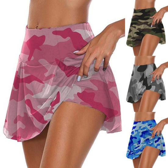 Women Camouflage Fake Two Piece Breathable Elastic Sports Shorts Mini Skirt