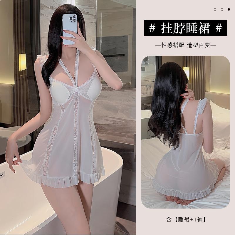 Halter Neck Strap Nightdress Sexy Hot Deep V Sleepwear Home Pure Desire Sexy Lace Sheer Nightdress For Women Sweet Top R7P2