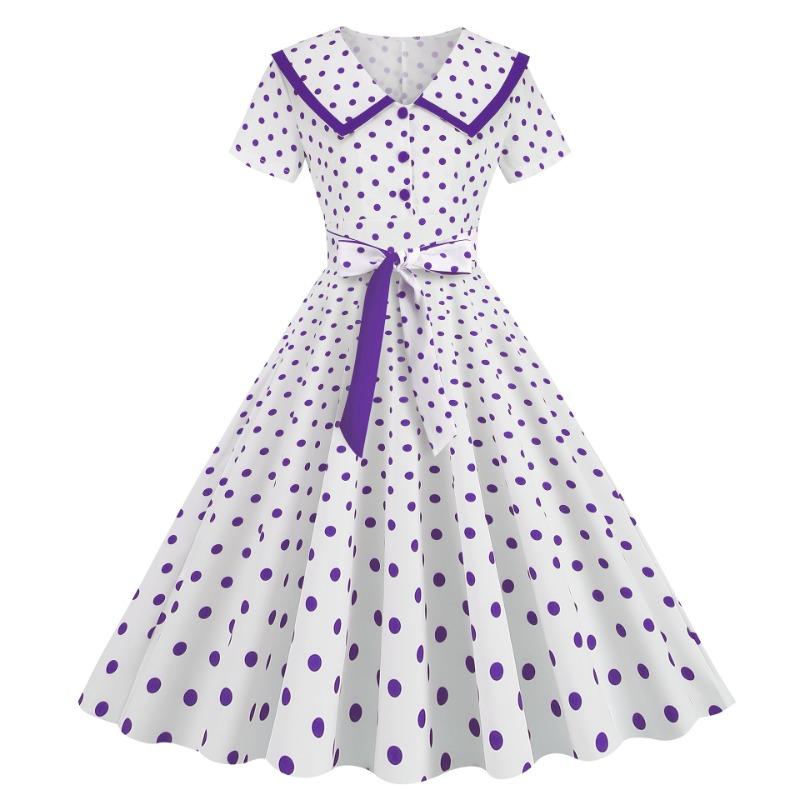 Retro Women's Summer Lapel Short Sleeve Belt Waist Slim Swing Polka Dot Printed Dress