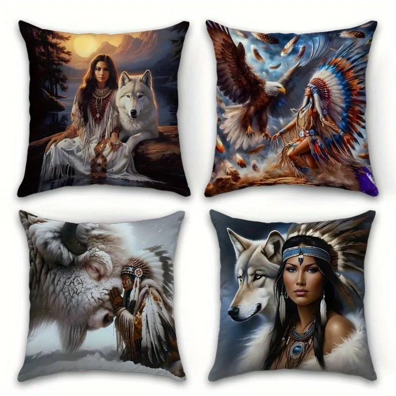 Tribal Spirit Eagle Woman Pillowcase 2D Flat Printed Peach Skin Pillow Cover Wild Animal Art Cushion Case for Bedroom Couch