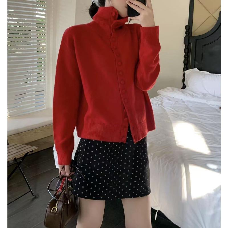 Gentle Soft Sticky High Neck Knitted Cardigan Female Fall Loose Single-breasted Short Section Lapel Sweater Coat