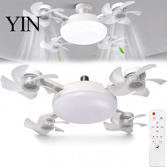 E27 Socket Fan 3/4/5 Blade Ceiling with Light & Remote Control, 2-in-1 Silent LED Drone Compact Ventilation Lamp Foldable Blades, 3-Speed Dimmable for