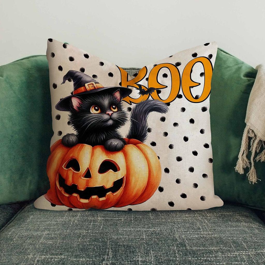 Halloween Decorative Linen Throw Pillow Cover With Single Sided Print (Pillow Insert Not Included)
